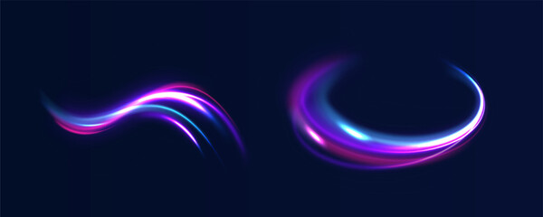 Poster - Glitter sparkle star trail, light effect, abstract waves flow vector illustration. Vector image of colorful light trails with motion blur effect, long time exposure isolated on background