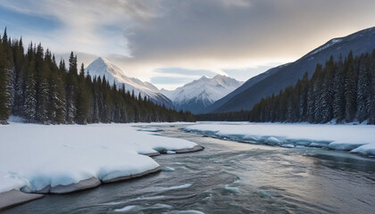 Snow-covered river flanked by pine trees and mountains