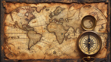 An Ancient Map Illustration, Detailing Continents And Countries, Accompanied By A Classic Compass, Symbolizing The Era Of Discovery And Historical Expeditions Created Using Antique Map
