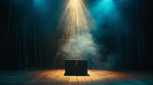 A Theatrical Surprise Unfolding On Stage As A Box Opens Under A Dramatic Stage Spotlight, Revealing A Captivating Theater Performance, Complete With Dramatic Effects And Stage Magic 