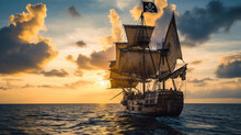 A Pirate Ship Sailing The Caribbean Sea During The Golden Age, With The Jolly Roger Flag Billowing, As Swashbuckling Buccaneers Prepare For A Treasure Hunt, Embodying The Adventure And Legend