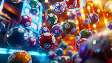 A Cascade Of Bingo Balls Falling Like A Colourful Waterfall, Each Ball A Beacon Of Hope And Gamble The Scene Is Set Against A Futuristic, Digital Casino Background, Emphasizing