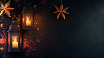 Wall Mural - A 3D Arabic lantern with a glowing candle and stars set against a blue background, Ramadan