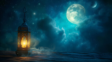 Wall Mural - Arabic lantern against night sky with moon, Ramadan