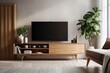 © Lasvu - Modern living room with a TV on a white concrete wall, books on a wooden cabinet, and a planter for decoration on the wooden floor