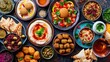 Arabic traditional cuisine. Middle Eastern colorful hummus, pita, falafel, dolma, baklava, halva, rahat lokum, sherbet, nuts, dried fruits. Mediterranean assorted appetizers, abundance concept.