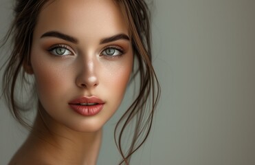 Wall Mural - Portrait of a young woman with natural makeup and flowing hair on a neutral background.