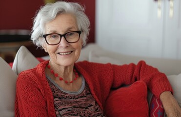 Wall Mural - Smiling senior woman sitting on a couch with red outfit