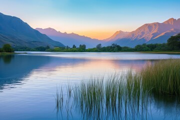 Wall Mural - Serene landscape of a tranquil lake with mountains in the background during sunrise