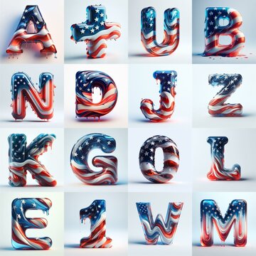 Us flag glass 3D Lettering Typeface. AI generated illustration