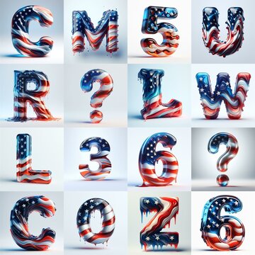 Us flag glass 3D Lettering Typeface. AI generated illustration