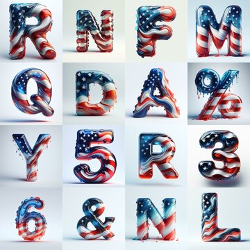 Us flag glass 3D Lettering Typeface. AI generated illustration