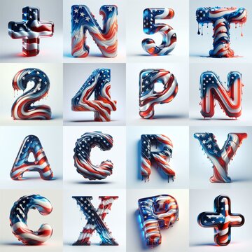 Us flag glass 3D Lettering Typeface. AI generated illustration