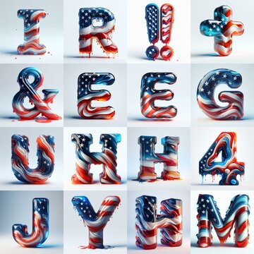 Us flag glass 3D Lettering Typeface. AI generated illustration
