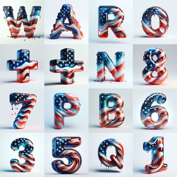 Us flag glass 3D Lettering Typeface. AI generated illustration