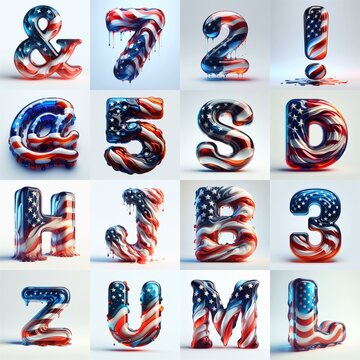 Us flag glass 3D Lettering Typeface. AI generated illustration