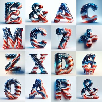 Us flag glass 3D Lettering Typeface. AI generated illustration