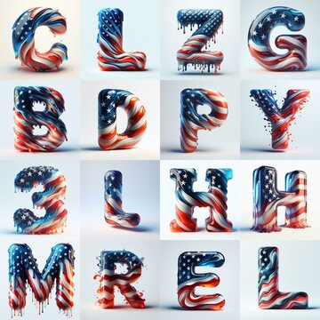 Us flag glass 3D Lettering Typeface. AI generated illustration