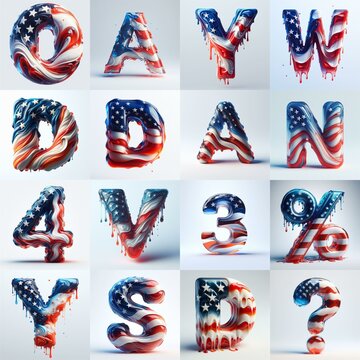 Us flag glass 3D Lettering Typeface. AI generated illustration