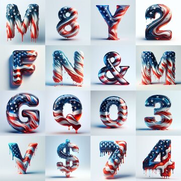 Us flag glass 3D Lettering Typeface. AI generated illustration