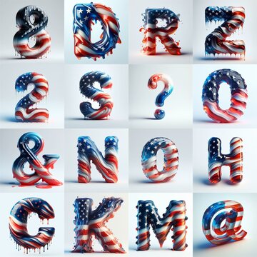 Us flag glass 3D Lettering Typeface. AI generated illustration