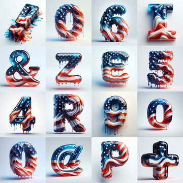 Us flag glass 3D Lettering Typeface. AI generated illustration