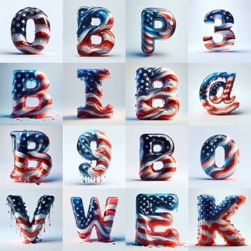 Us flag glass 3D Lettering Typeface. AI generated illustration