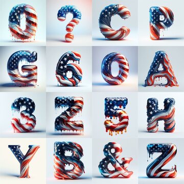 Us flag glass 3D Lettering Typeface. AI generated illustration