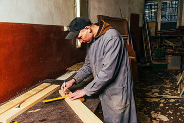 Wall Mural - A carpenter works in a workshop with a saw, planer and various tools