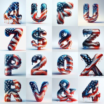 Us flag glass 3D Lettering Typeface. AI generated illustration