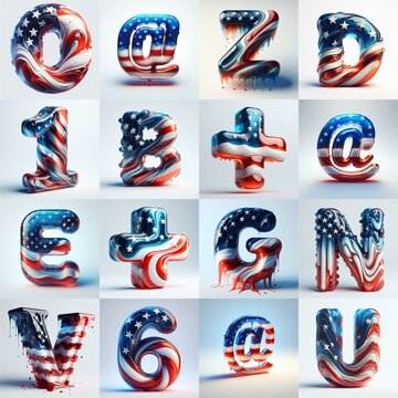 Us flag glass 3D Lettering Typeface. AI generated illustration