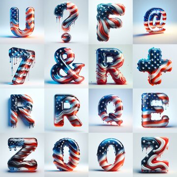 Us flag glass 3D Lettering Typeface. AI generated illustration