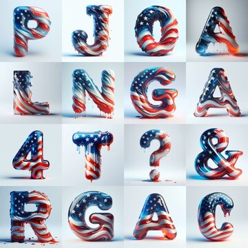 Us flag glass 3D Lettering Typeface. AI generated illustration