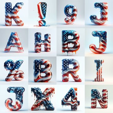 Us flag glass 3D Lettering Typeface. AI generated illustration