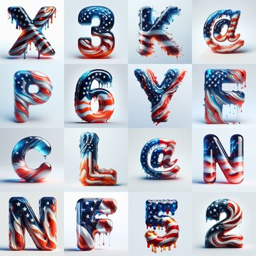 Us flag glass 3D Lettering Typeface. AI generated illustration
