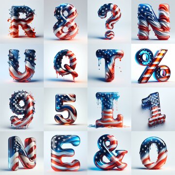 Us flag glass 3D Lettering Typeface. AI generated illustration