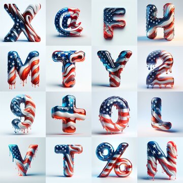 Us flag glass 3D Lettering Typeface. AI generated illustration