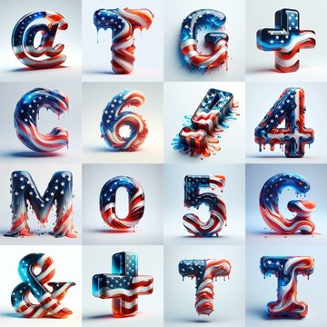 US flag glass 3D Lettering Typeface. AI generated illustration