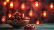 RAMADAN KAREEM meaning Blessed ramadan with dates fruit in a bowl