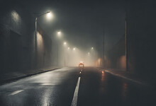 Midnight Road Or Alley With A Car Driving Away In The Distance. Wet Hazy Asphalt Road Or Alley. Crime, Midnight Activity Concept