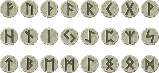 viking runes, celtic alphabet with ancient runic signs on stone, scandinavian letters. abc nordic fo