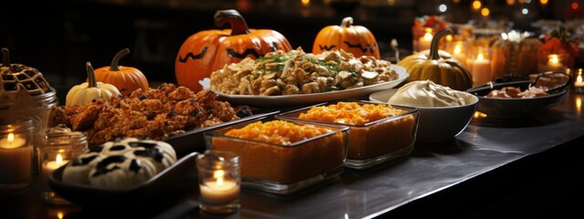 Wall Mural - food on the festive table with drinks and candles, Friendsgiving, holiday, party food ideas concept. banner