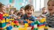 © BajimBa - Preschool children play educational toys with cubes in the classroom