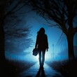 Silhouette of a young women walking home alone at night , scared of stalker and being assault , insecurity concept