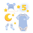 Clothes for baby for photoshoot: bodysuit with short sleeves, hat with ears and mouse face, socks, decor in shape of moon and stars made of cheese. Vector illustration on white isolated background.