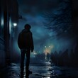 Silhouette of a young men walking home alone at night , scared of stalker and being assault , insecurity concept