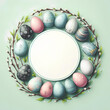 round frame with drawn Easter eggs and green branch around and empty white center isolated on pastel green background