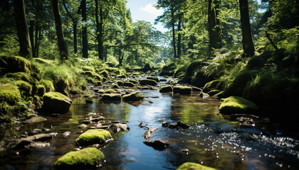 Poster - Tranquil scene of a green forest and flowing water generated by AI