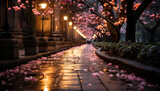 Fototapeta  - Pink cherry blossoms illuminate the city streets at dusk generated by AI