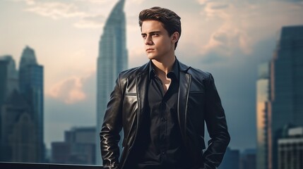 Wall Mural - A confident and fashionable young man, striking a pose, city skyline in the background